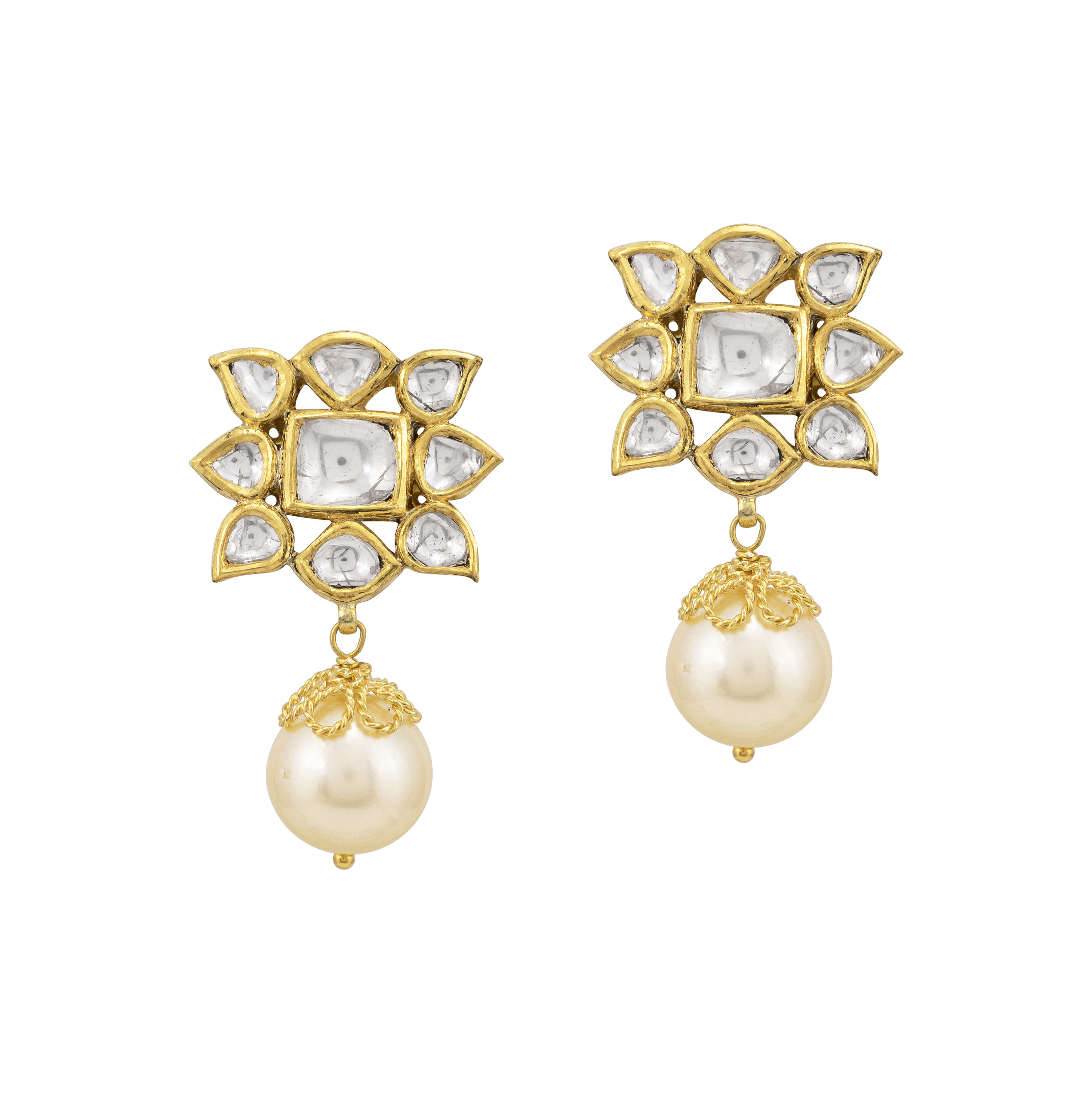 Star-Shaped Polki Earrings with Pearl Drop & Gold Detail